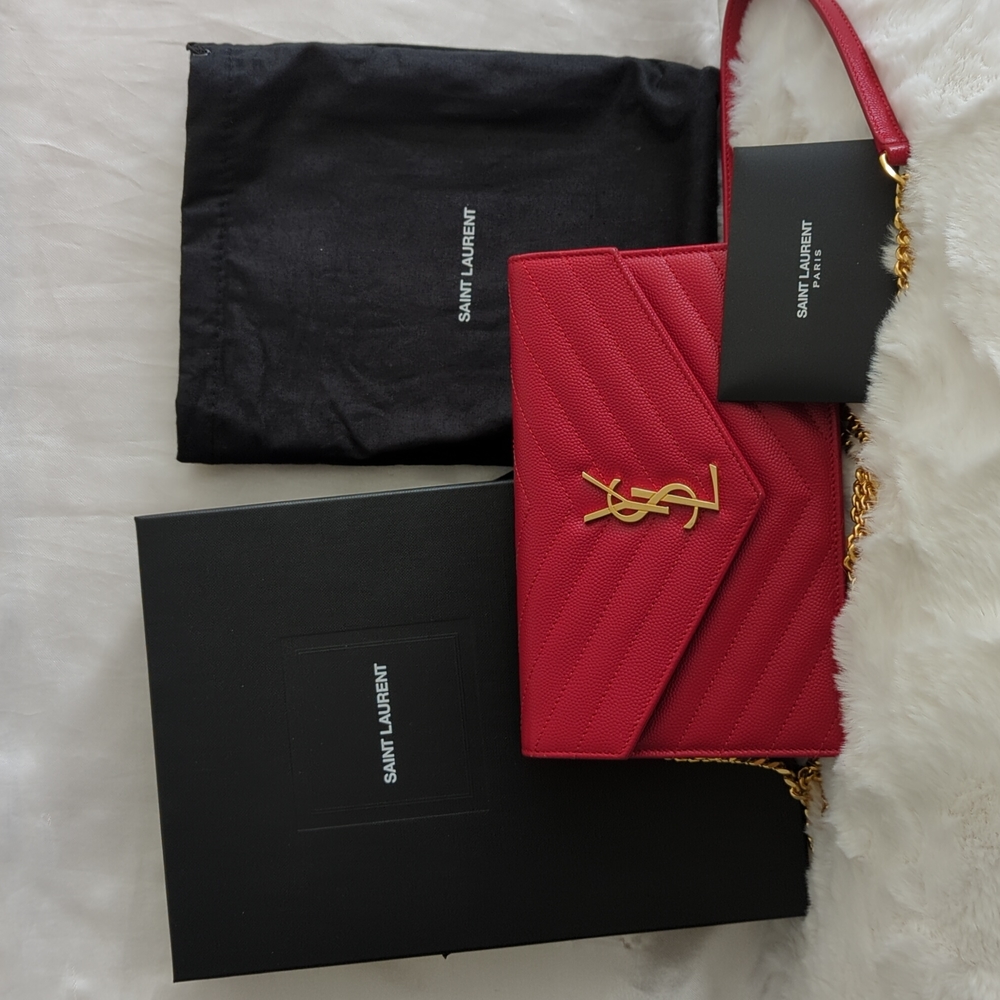 YSL Red Wallet on Chain with Gold Hardware